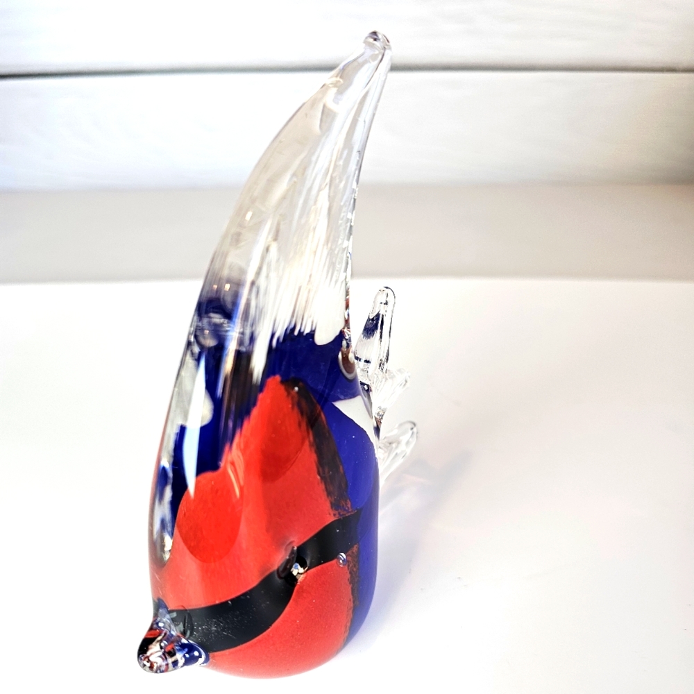 Angel Fish Art Glass Paperweight Royal Blue and Red Tropical Fish